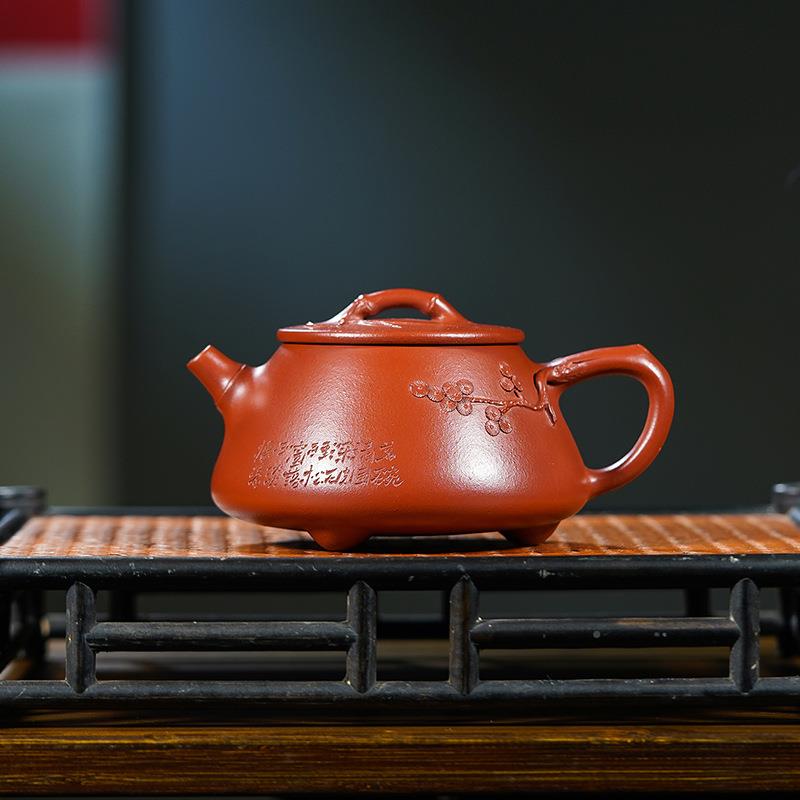 宜兴原矿紫砂壶件起贴双批全手工制作一鸡血红朱泥花GYU清石瓢