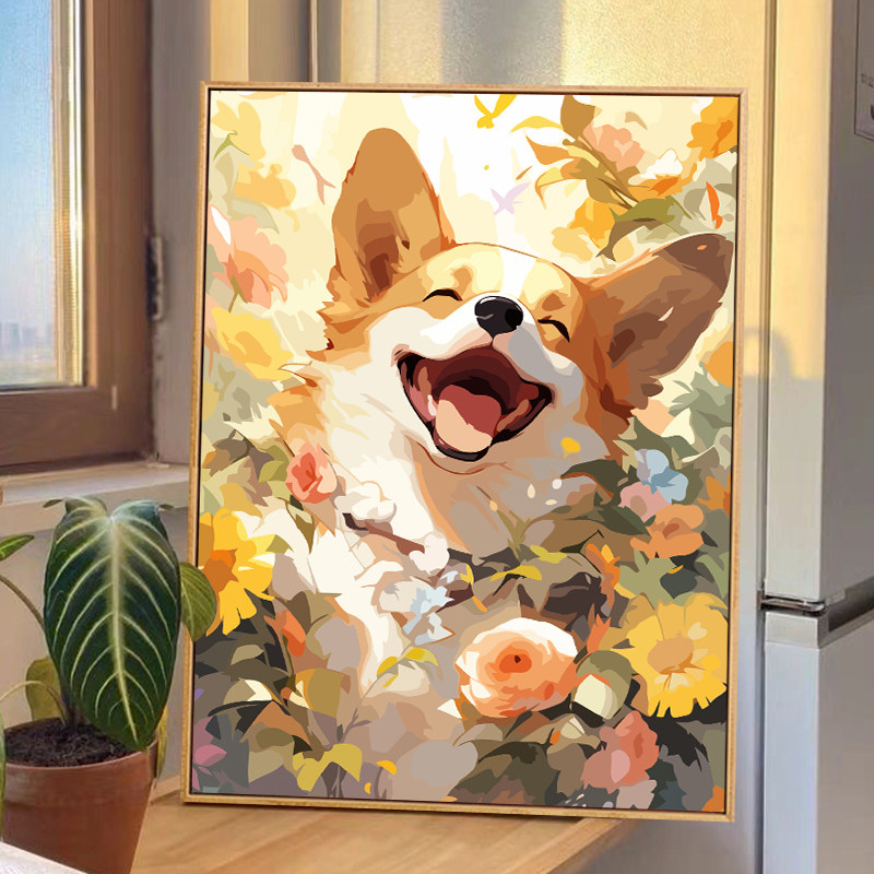 可爱治癒花丛柯基diy数字油画手工填充填色手绘画画解闷涂色油彩