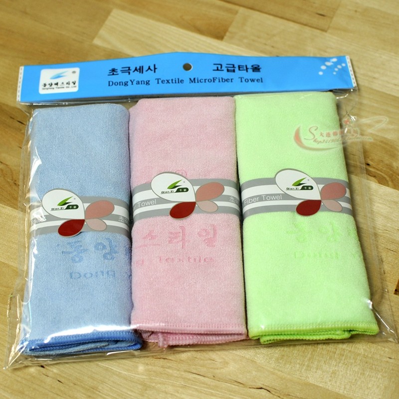 韩国东洋素色毛巾平纹格子竹纤维吸水毛巾薄款家庭装毛巾3条装