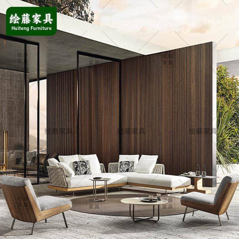 户外沙发庭院柚木铝合金防水布海绵坐垫防晒茶几组合露天实木沙发