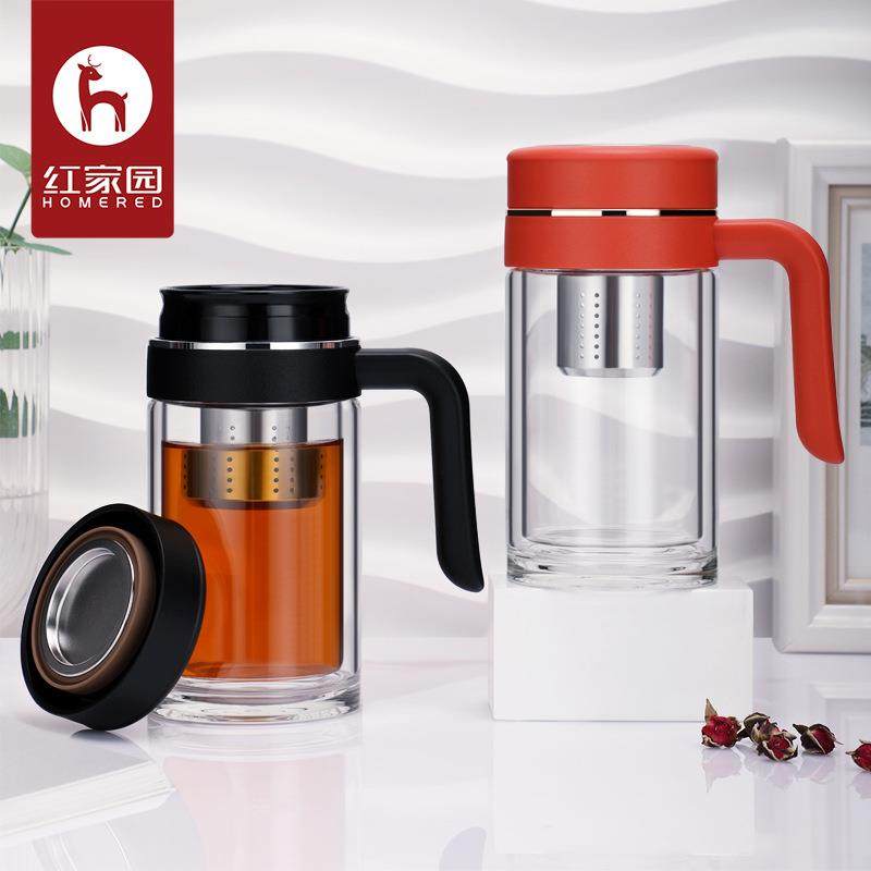 双层密封防漏加厚148实心玻璃杯带把手有茶漏纯色办公室居家