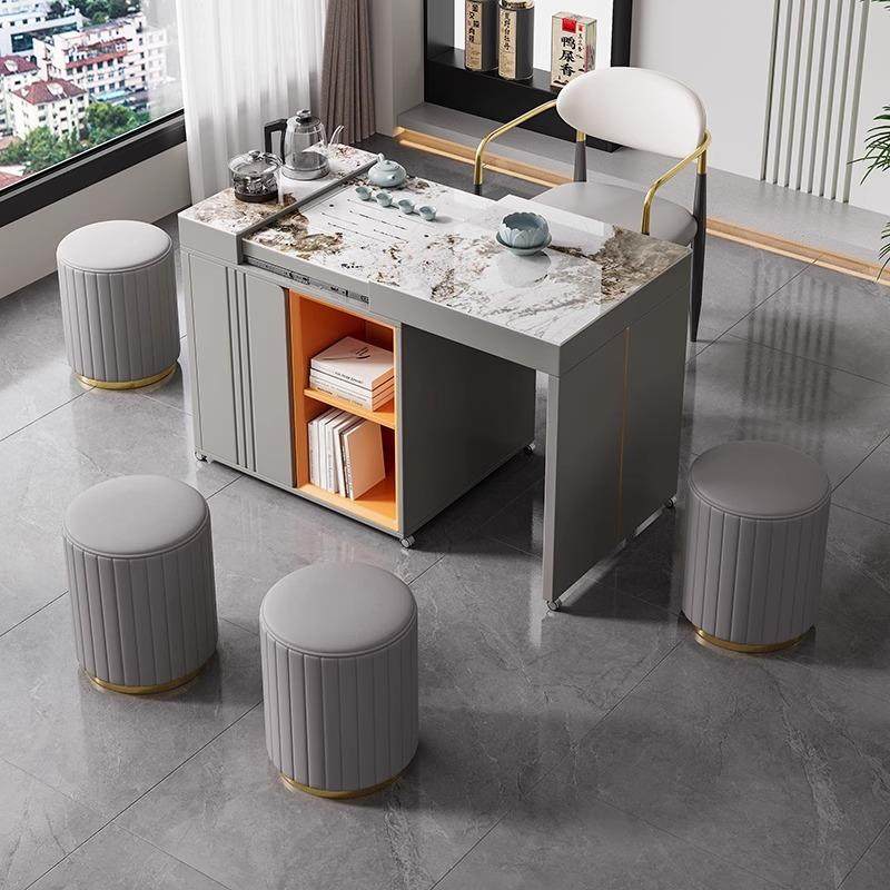 轻奢岩板伸缩茶台小户型阳台可移动茶车现代简约办公泡茶两用茶桌