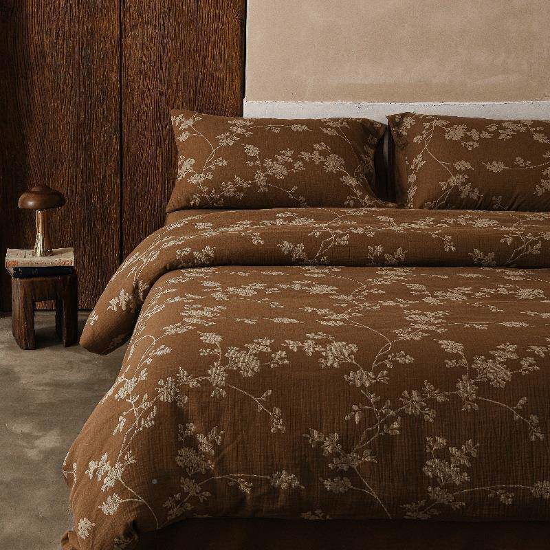 美德A类法式拉古双层纱全织棉纯棉色DXV花复卉提花床上用品四件套