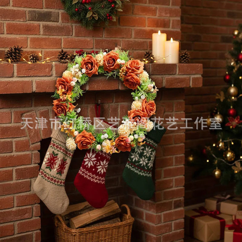 亚马逊跨境婚礼派对宴会装饰品悬挂式门楣装饰藤条花环焦糖橘色