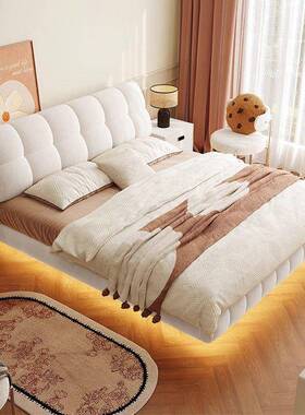 式奶油风法悬浮床双人云朵床带灯悬浮卧BGE主高大气轻奢端软包布