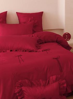 法式风浪漫全棉100S长绒蝴棉蝶床单四套结婚庆喜被套WLC大件红色