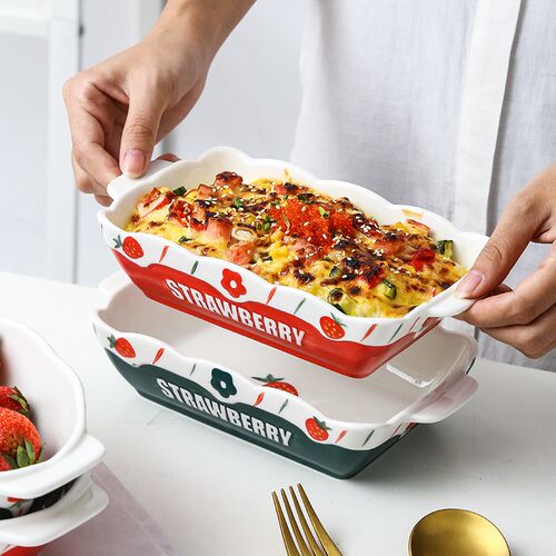 陶瓷烤盘家用烤箱微波炉双耳烘焙盘芝士草莓焗饭碗菜盘餐具长方盘