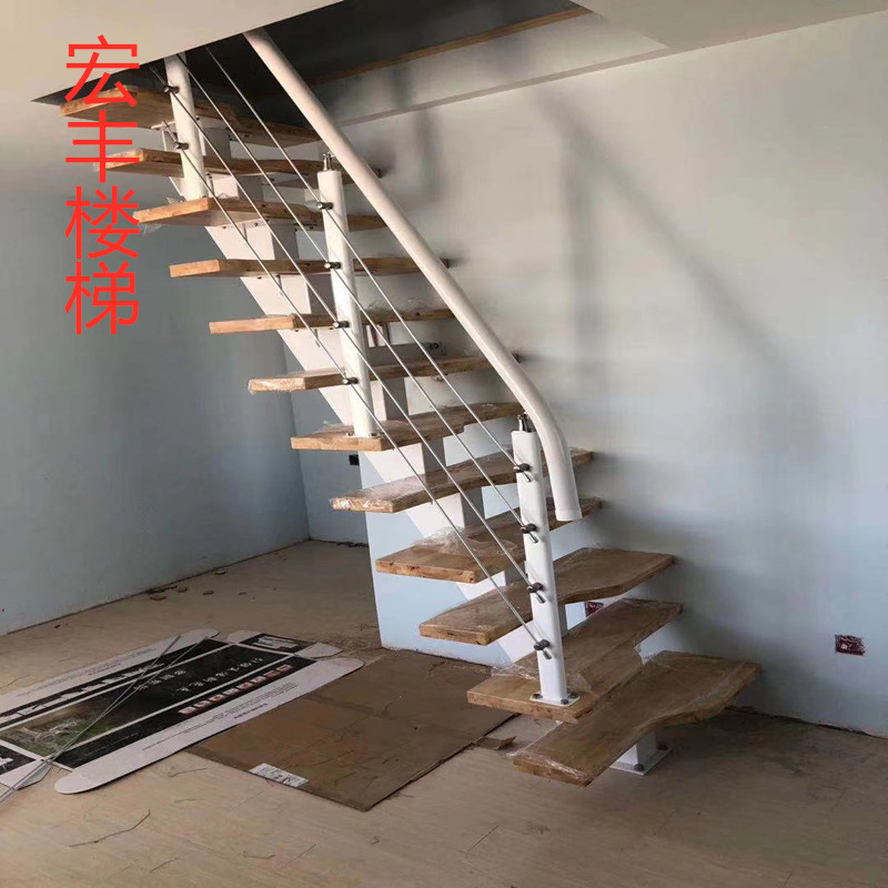 上海整体钢木实木踏步旋转现代简约工厂直销宏丰楼梯玻璃扶手