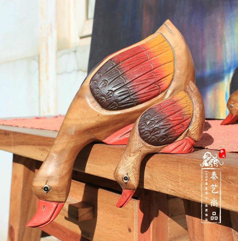 泰国木制工艺品喝水鸭子摆件客厅庭院鱼池水装饰品实木创意小摆设