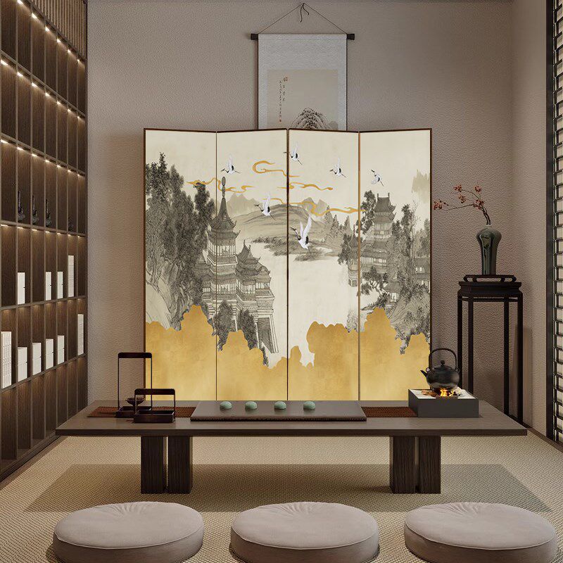 新款宋代美学折叠中古风折屏屏风实木隔断家用装饰客厅办公室遮挡