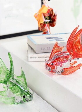 时尚创意红色琉璃玻璃金鱼鸿运当头摆件家居台面桌面装饰乔迁礼品