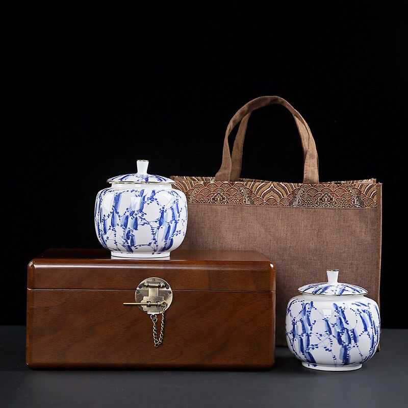 高档烤漆木盒茶叶礼盒新款茶包装龙井茶黄山毛峰绿茶陶瓷罐青花瓷