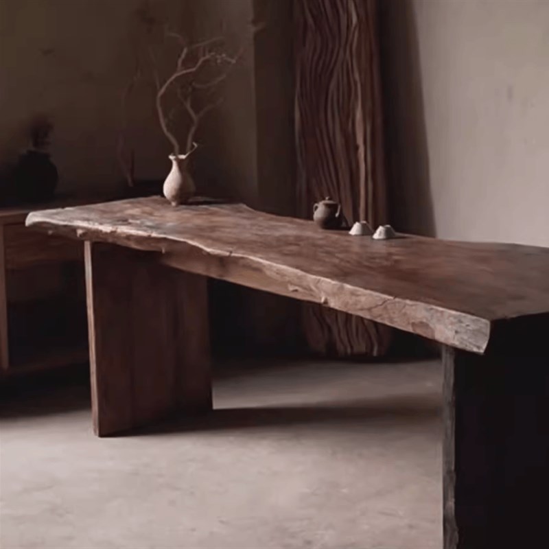 中古风原木复古做旧茶桌自然面装饰展示长桌民宿古典实木餐桌茶台