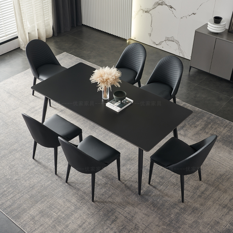 意式纯黑岩板餐桌长方形现代简约大小户型家用饭桌黑椅/8人极简