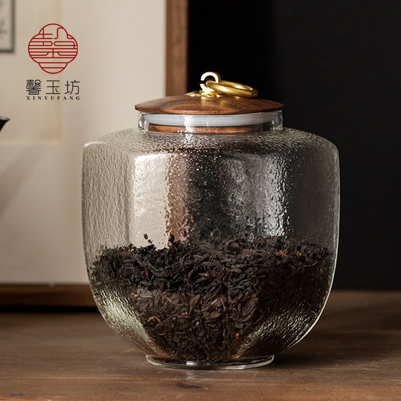 锤纹玻璃茶叶罐木盖密封防潮玻璃罐子小青柑茶罐花茶散茶存茶单罐