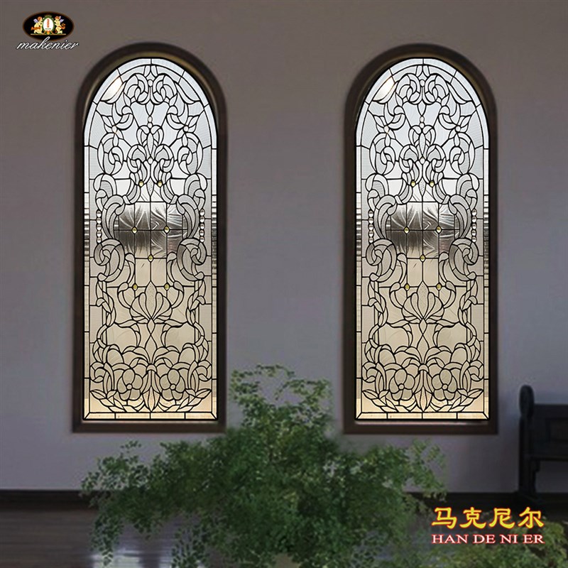 定制拱弧形复古蒂凡尼玄关隔断屏风门窗欧式教堂装饰透光艺术玻璃