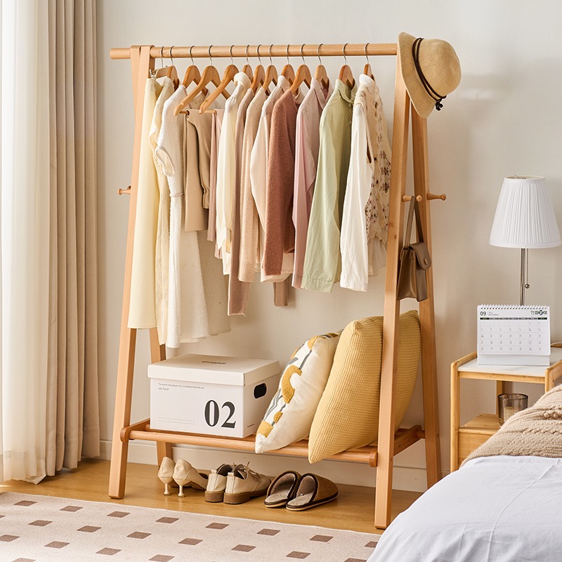 实木衣帽架家用简约放衣架卧室可折叠晾衣架床边落地式榉木挂衣架