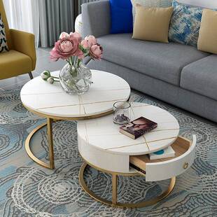 现代简约客厅创意圆形岩板茶几小户型大小套石材茶几玻璃组合轻奢