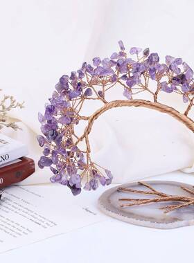 创意大弯柏松水晶树能量水晶碎石座玛BEH瑙片底品工艺桌面摆件