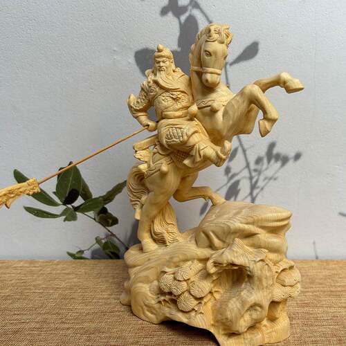 木小叶FHP黄杨木雕骑马关武公财神件关二爷关羽摆家居车桧载装饰