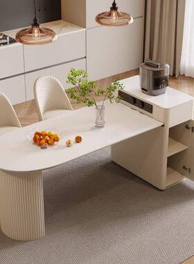 伸缩岛台一餐奢桌体家功用多能开放式XVH厨房奶油风轻中岛台岩板