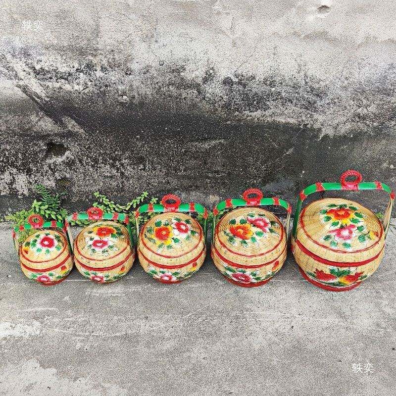 潮GQF汕彩绘竹篮手工储嫁花篮竹编篮子收纳蓝篮传统竹物艺摆婚件