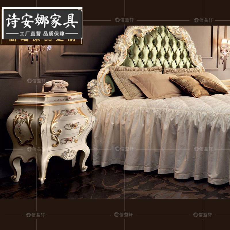 欧式实木双人床宫廷彩绘公主床别墅法式卧室床边柜抽屉储物柜家具
