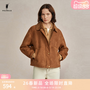 POLOWALK旗舰店女式外套2025秋冬短款复古翻领加绒麂皮夹克外套