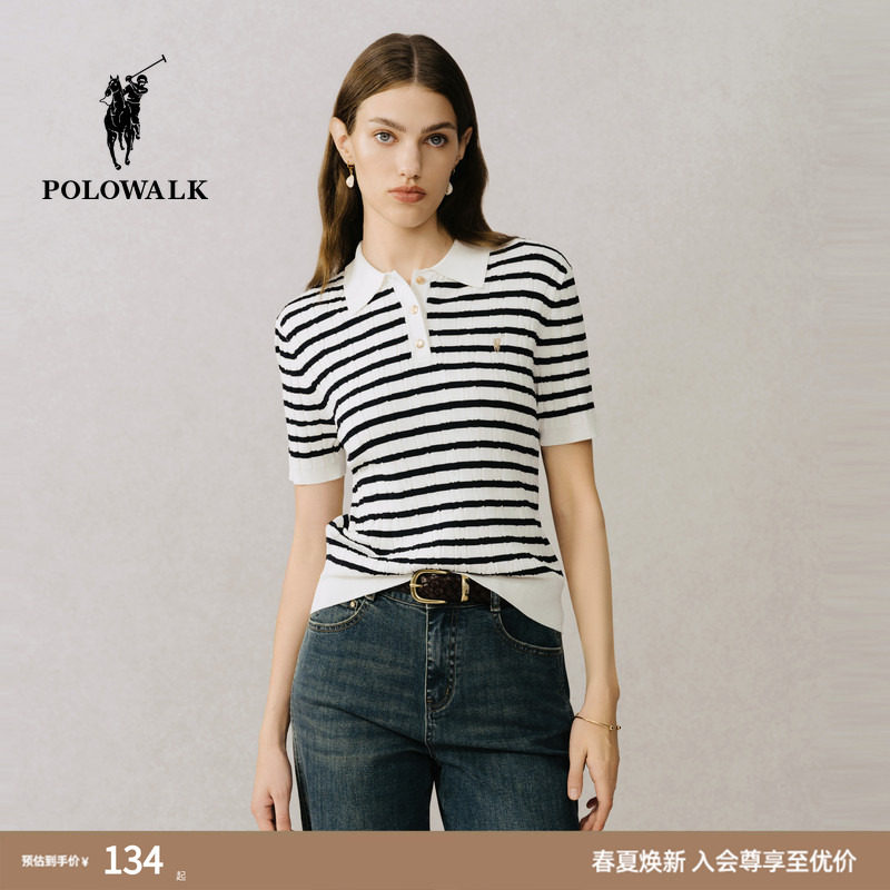 POLOWALK2026夏季条纹翻领针织 Polo衫女透气修身显瘦短袖上衣T恤