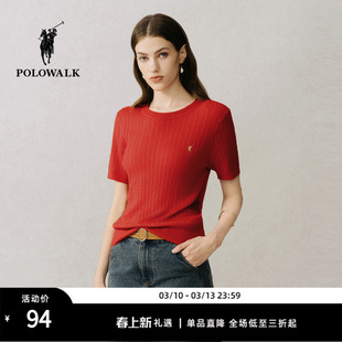 POLOWALK针织衫女士春夏新红色潮流圆领套头内搭时尚短袖修身T恤