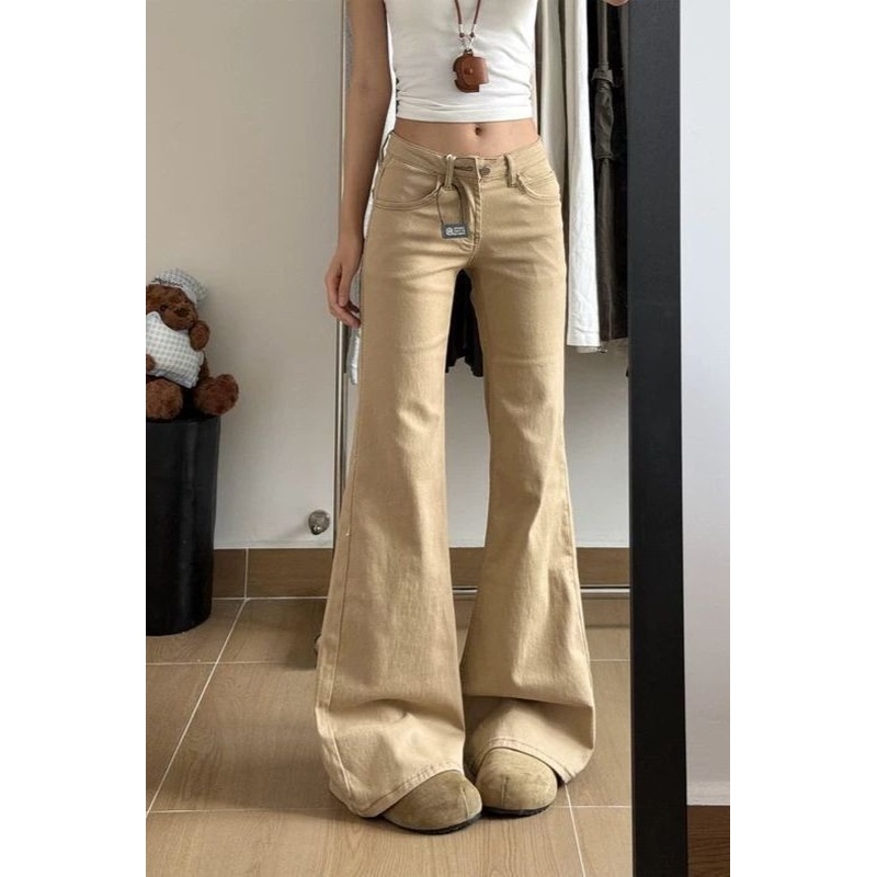 美式卡其色复古微喇牛仔裤2025秋冬新款美式显瘦宽松低腰喇叭裤子