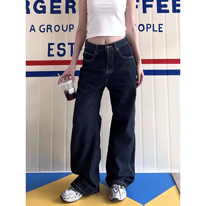 大码美式复古刺绣宽松直筒牛仔裤女春秋新款高腰阔腿街头小众长裤