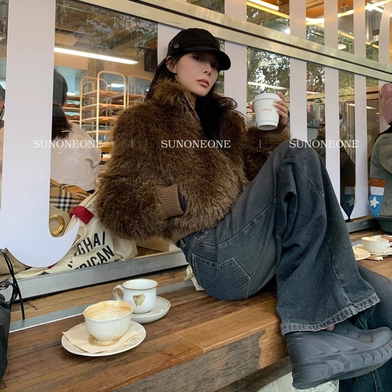 美拉德毛毛外套女短款环保皮草外套冬棕色美式复古慵懒风上衣