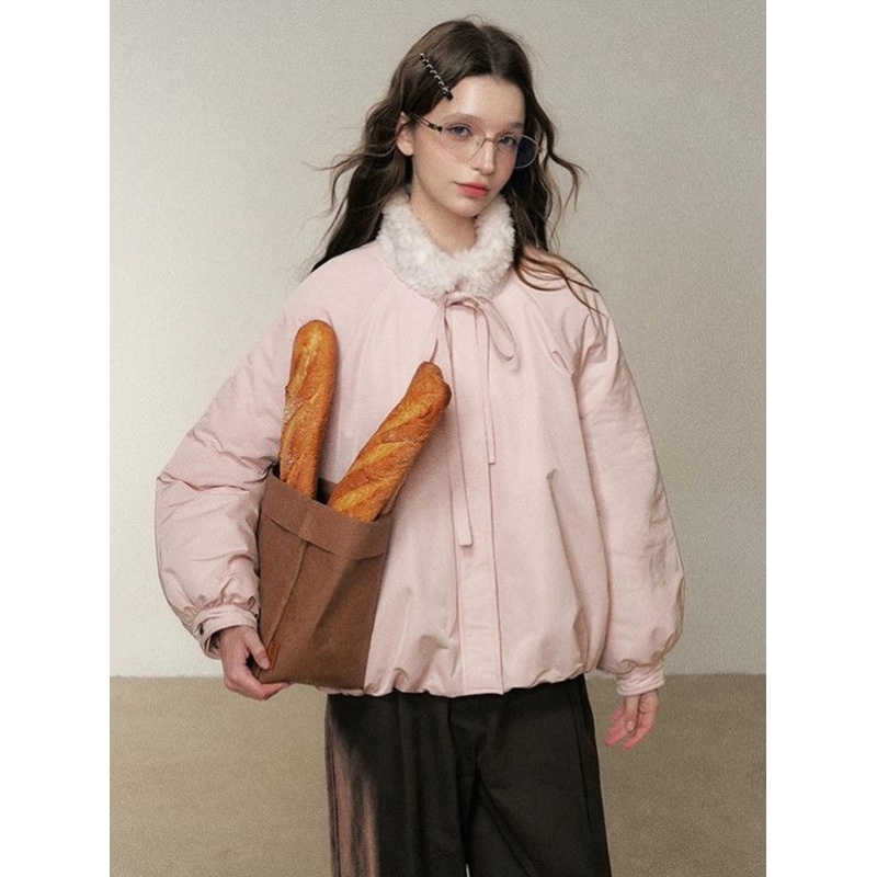 25冬季新款设计感小众蝴蝶结系带上衣女加厚毛领粉色花苞棉服外套