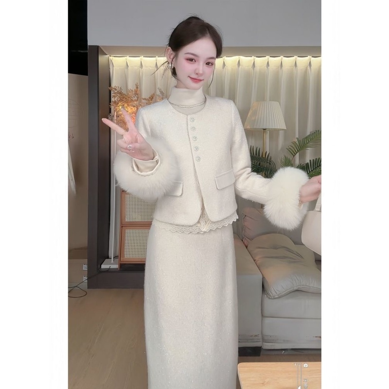 2025冬季新款羽绒服高级感细闪仿狐狸毛外套高腰半身裙小香套装女