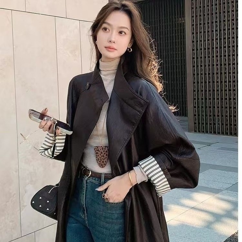 复古时尚皮衣系带收腰显瘦高端女秋冬款气质中长款过膝PU风衣外套