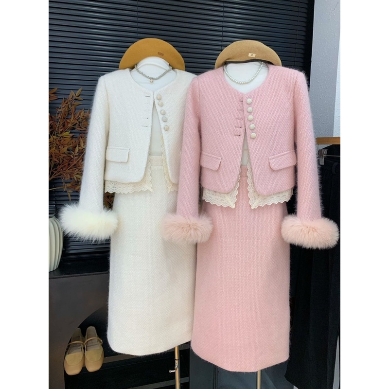 气质小香风羽绒服套装女装2025冬季新款休闲百搭时尚两件套白粉色