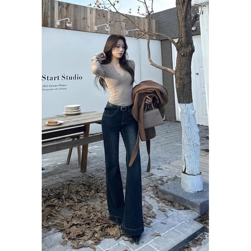 深蓝色微喇叭牛仔裤女春秋新款低腰修身弹力显瘦高个子拖地长裤潮