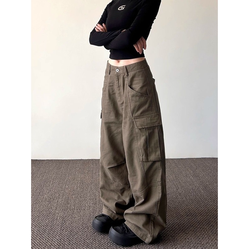 大码美式复古多口袋工装牛仔裤女设计感宽松高街阔腿休闲拖地长裤