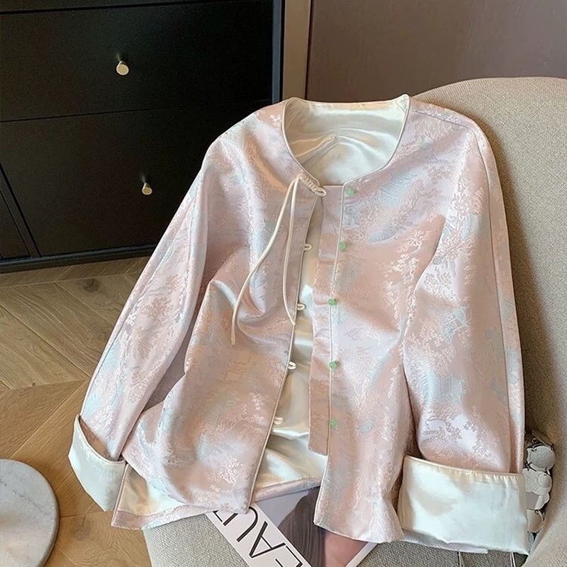 茱萸粉新中式提花圆领短外套女春季2025年国风高级感改良唐装上衣