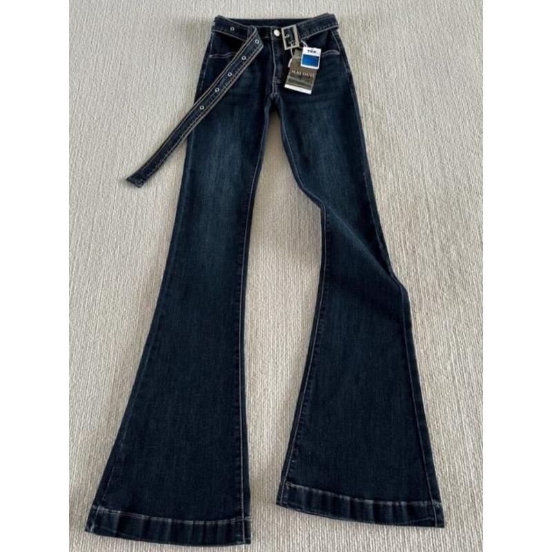 深蓝色微喇牛仔裤女秋冬加绒低腰修身弹力显瘦拖地喇马蹄裤ins风