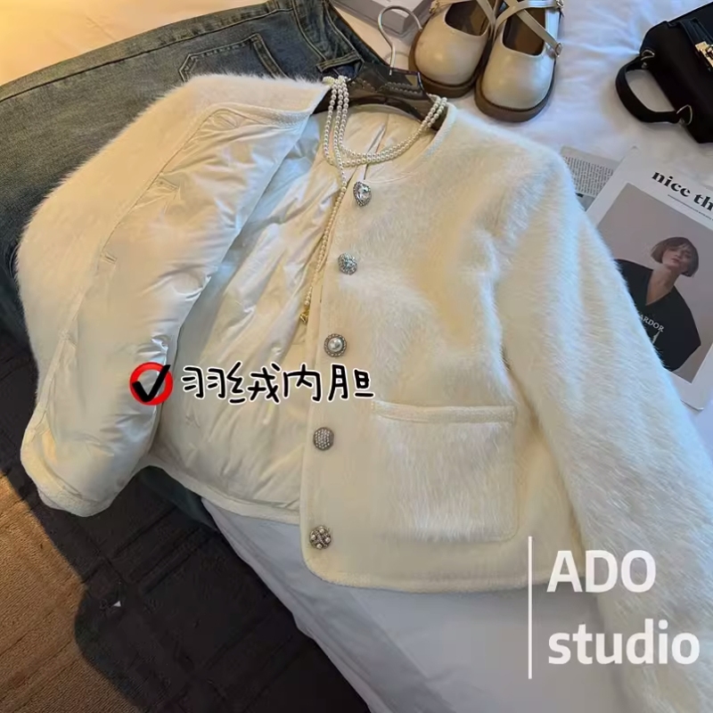 法式米色气质小香风外套女羽绒服内胆名媛高级感貂毛开衫短款上衣