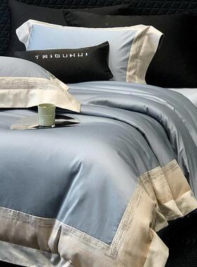 2大02KAF新款宽色织提花长绒棉四件套5纯棉拼角边被套床单酒店风