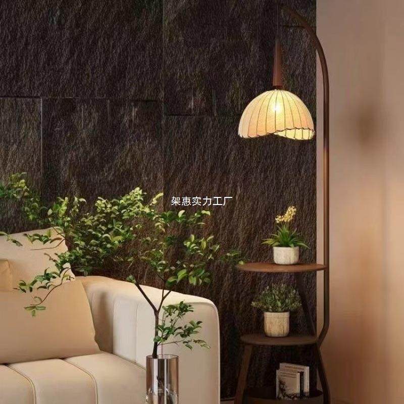 式中古风落地灯客架厅法沙发旁置物感复古724卧床头柜室一体台灯