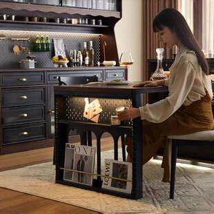 法式轻奢复古实木岛台餐桌收纳一体多功能家用小户型可伸缩吧台桌
