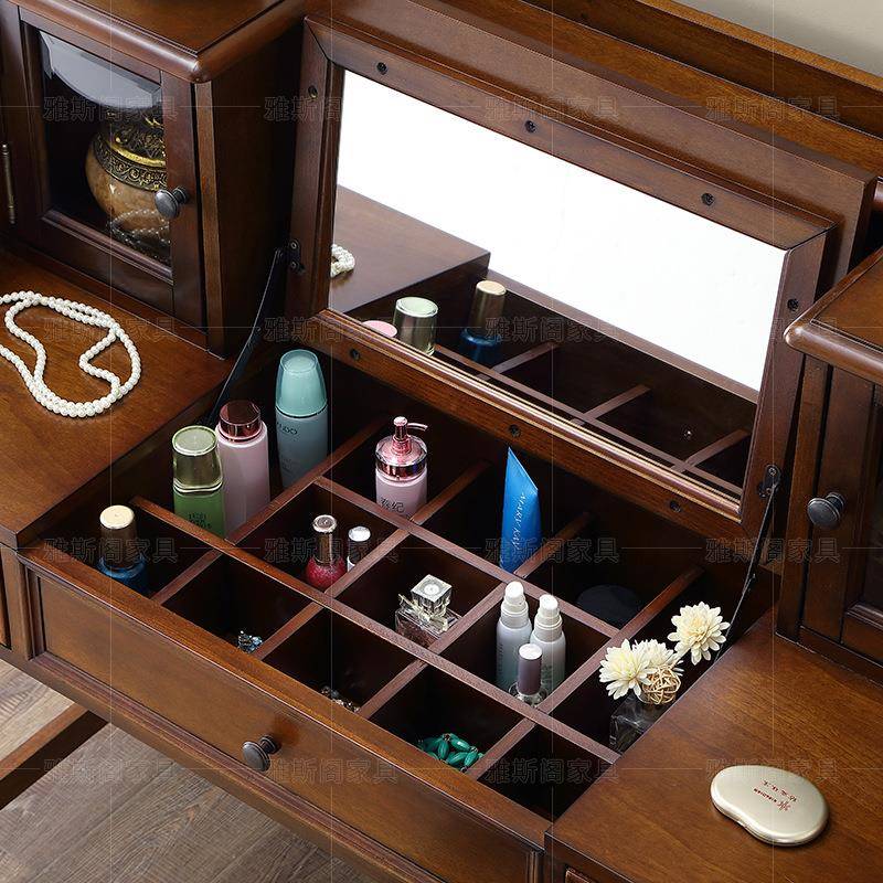 美式实橡化胶木木梳妆台床头柜一体卧物室TWE小户型多功能储妆桌