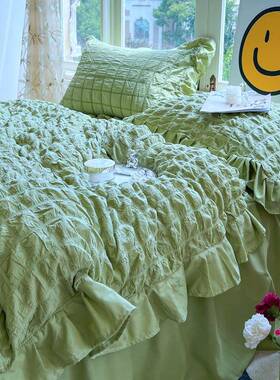 床单三件韩式水洗棉泡套泡纯纱花边床罩四被YOF件套色套床裙