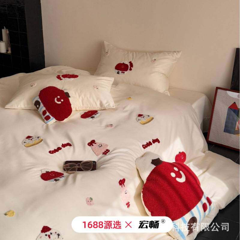 卡通可爱毛巾绣100支长绒棉四件套全棉床单纯棉儿童被套亲肤裸睡