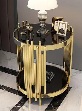 现JQD代简约户型店厅角几轻酒奢镀金不锈客钢钢玻化璃圆大理石边