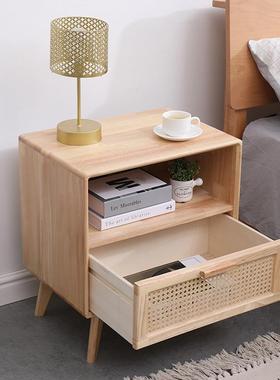 L实编床头柜原木简约SMK现代卧室床边收纳柜木迷你小7型日式藤储